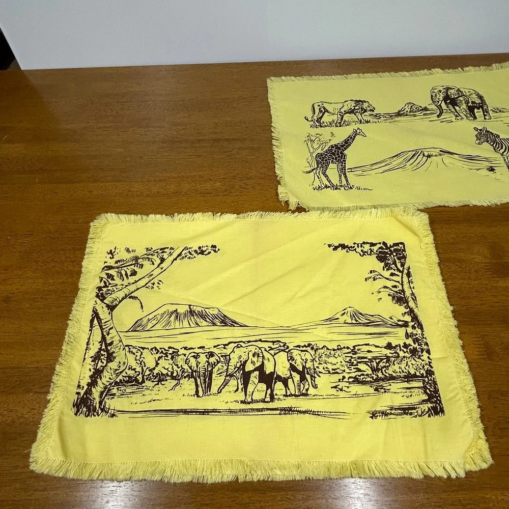 Safari Animal Placemat and Napkin Set 8pc Yellow Fringed Savanna Decor